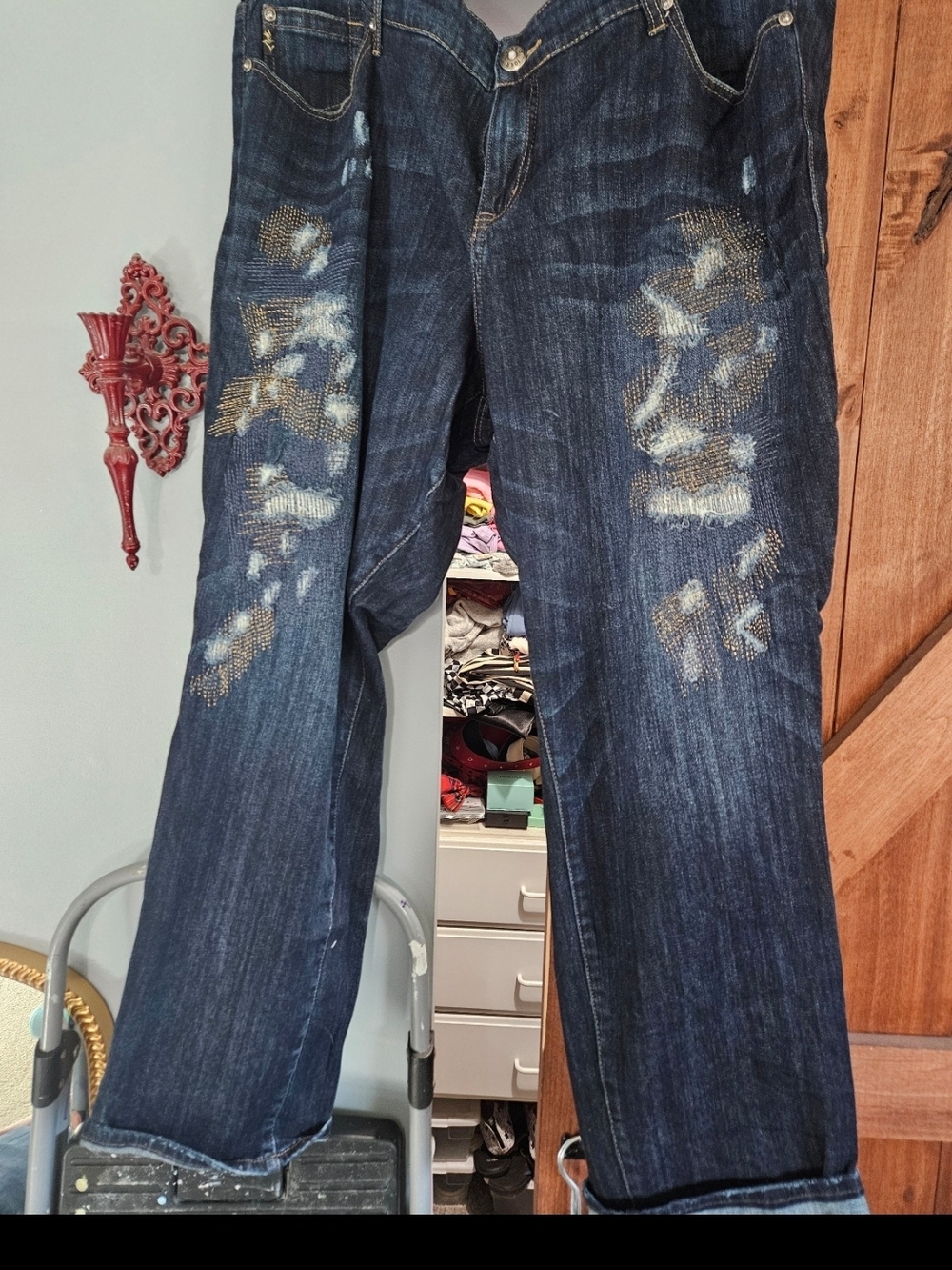 Dark Blue Distressed Women’s Jeans with Embellished Rips Torrid